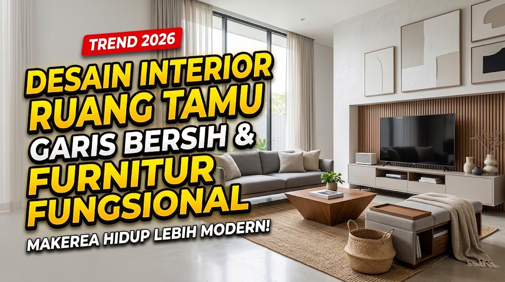 Interior ruang tamu dengan garis bersih dan furnitur fungsional