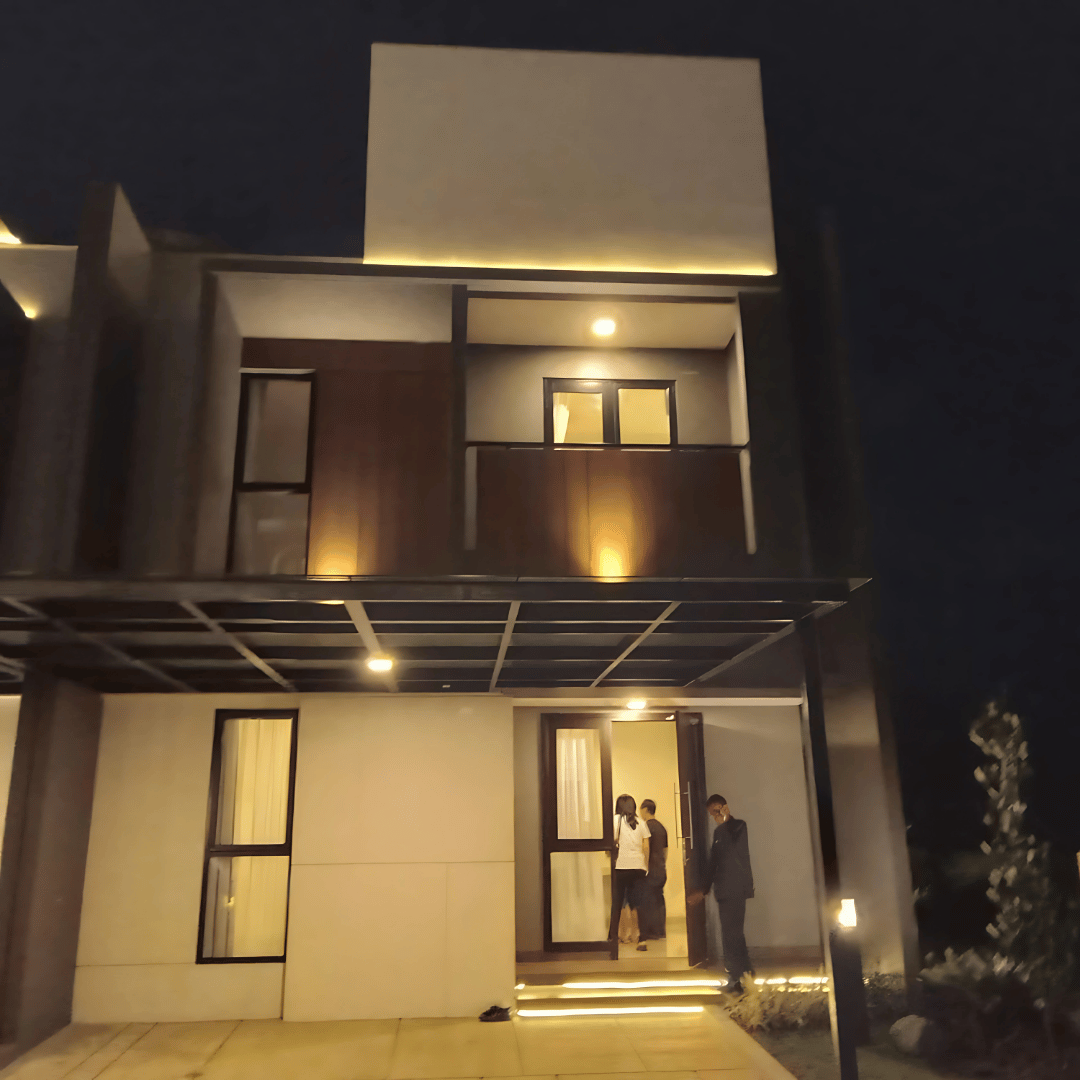 Desain Rumah Modern Minimalis 2 Lantai dengan Hidden Lighting di Malam Hari