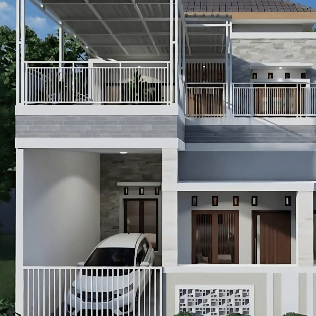 Desain Rumah Modern 2 Lantai Minimalis dengan Carport & Balkon – Fasad Elegan Kombinasi Batu Alam
